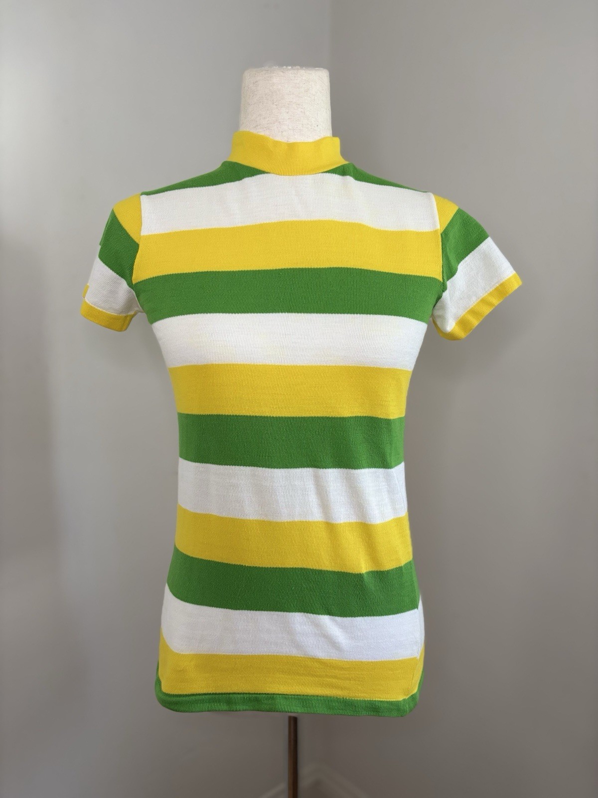 VTG 1960s Pandora Striped Mod Mock Neck Top — Size S — Green Yellow White