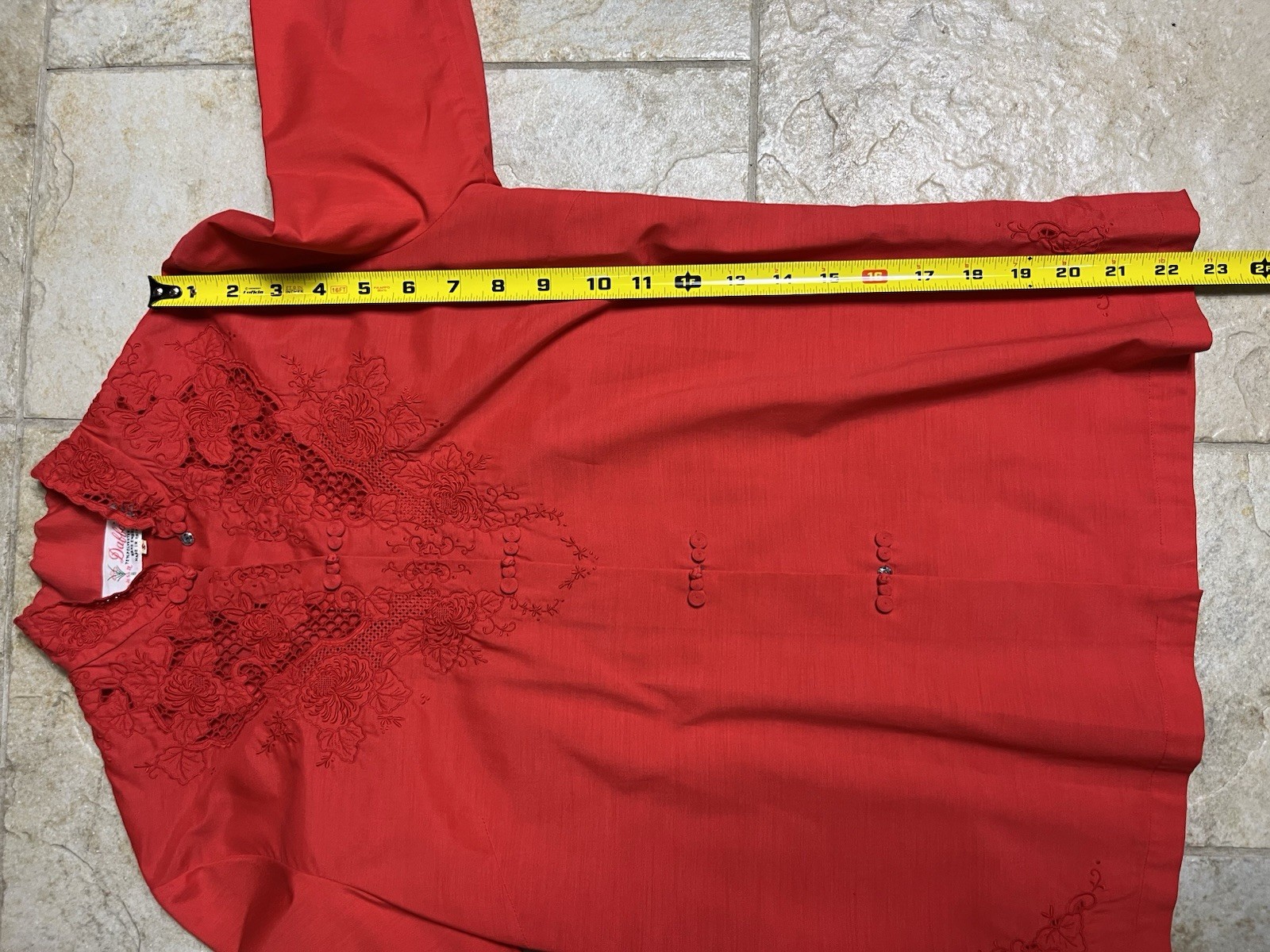 Vintage Daffodil Red Embroidered Blouse S Artsy Lace Button Top China Style Rare