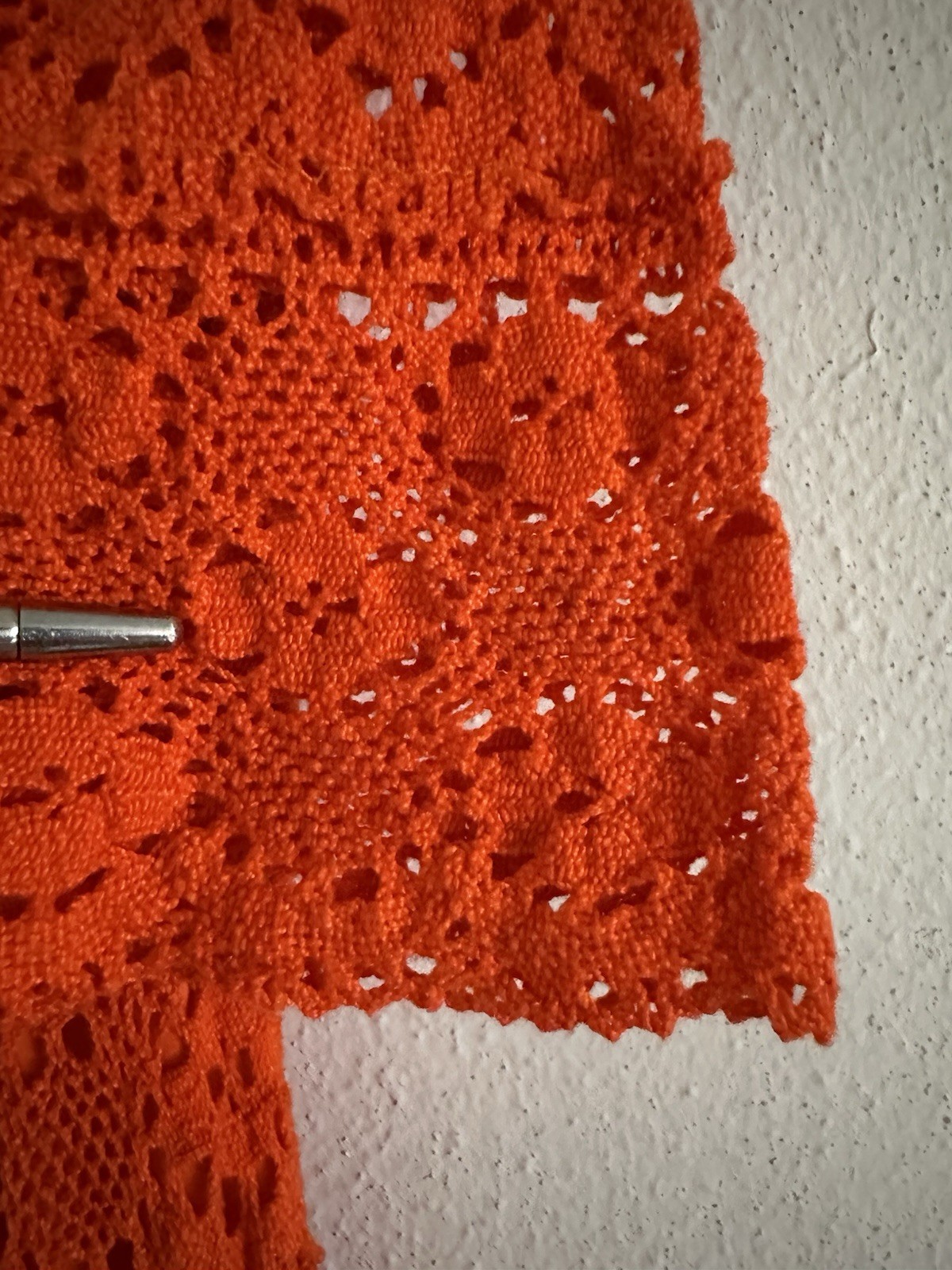 1970s Mexican Crochet Lace Maxi Dress Orange Cotton Boho Huipil XS S Vintage