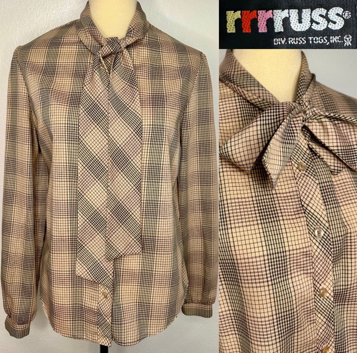 Vintage Russ Plaid Tie Blouse Shirt