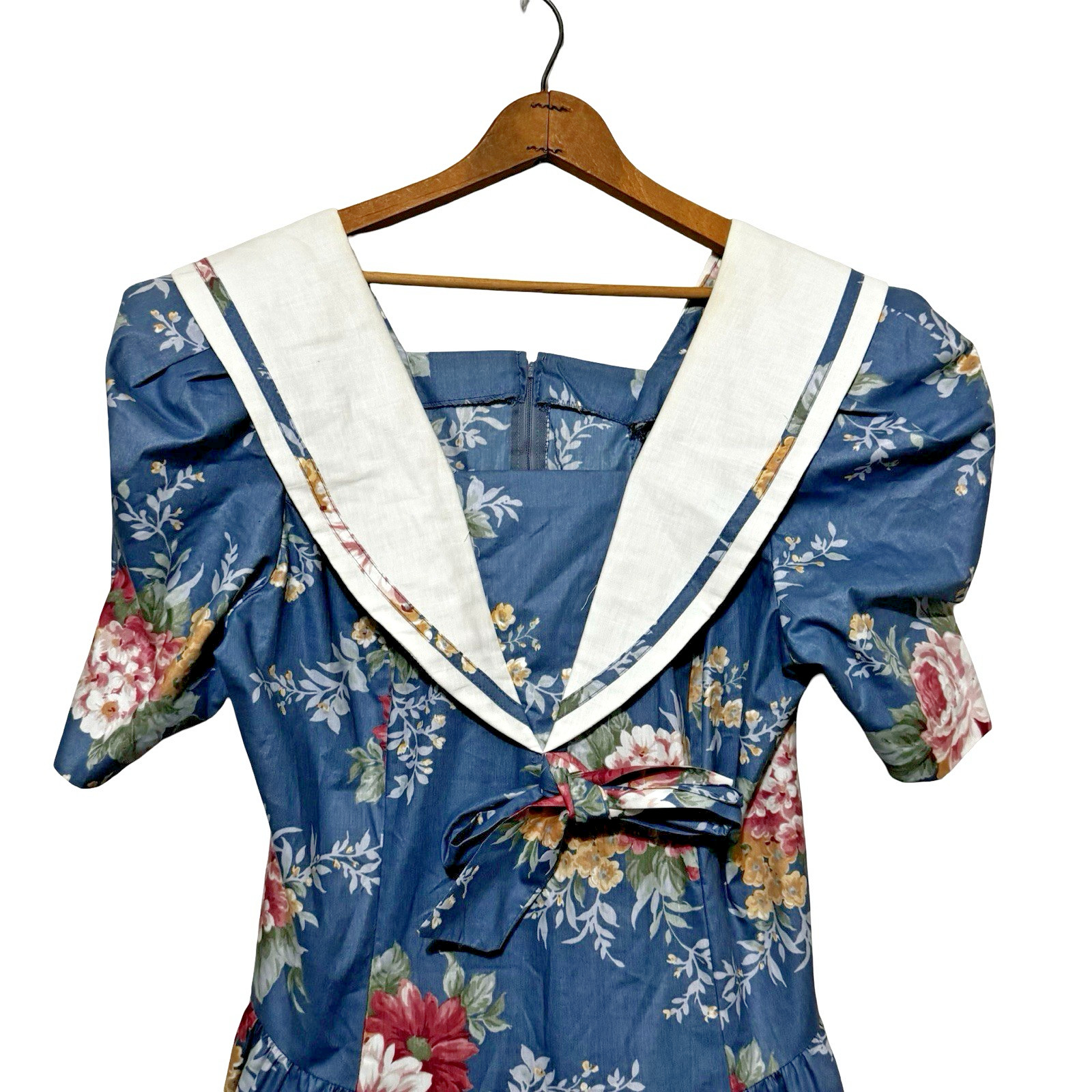 Vintage David Mitchell Floral Tea Dress Sailor Collar size Medium puff sleeve
