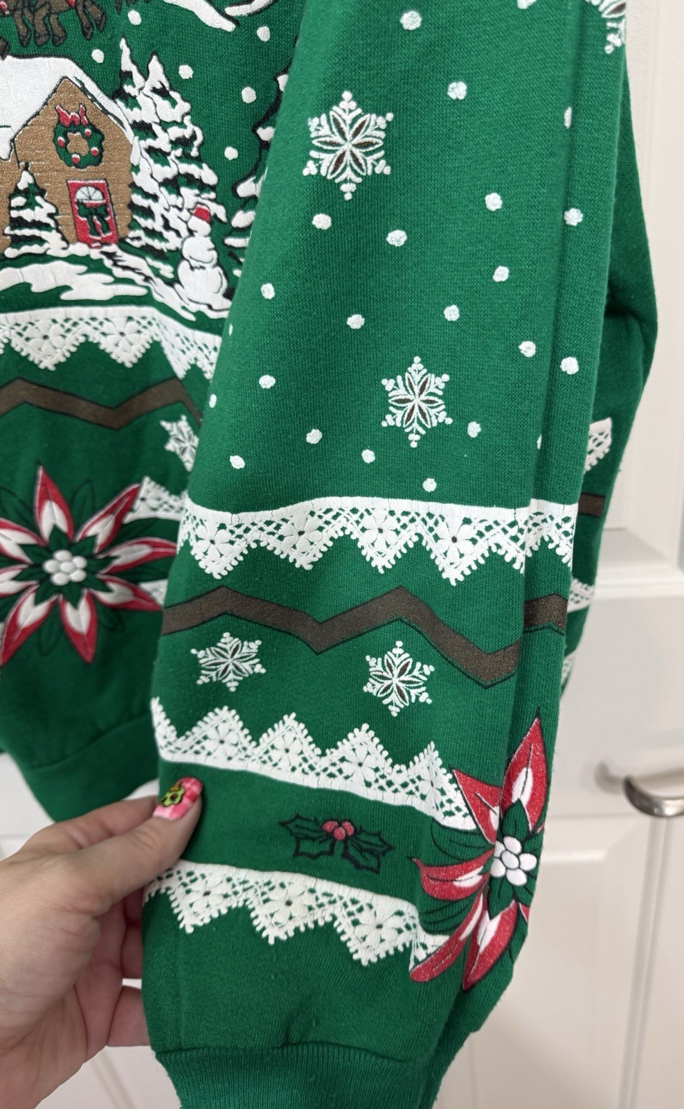 VTG 90s Nutcracker Christmas Sweatshirt Puffy Design Santa Trees Green L