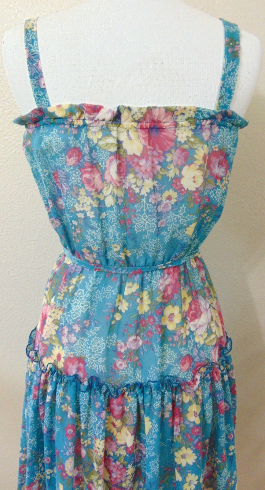 Vtg 70s Cottagecore Prairie Tiered Summer Beach Floral Spaghetti Straps Dress