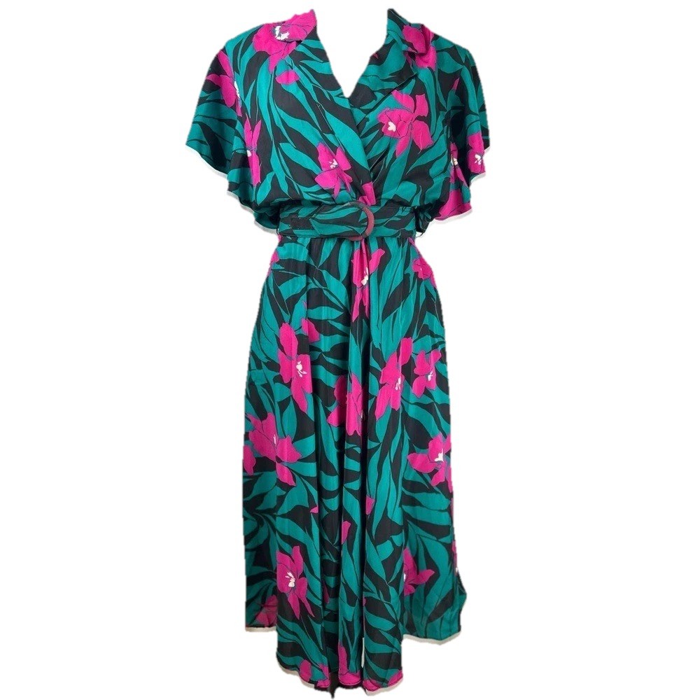 Vintage 80s On The Rocks California Tropical Floral Wrap Dress Teal Pink Belted