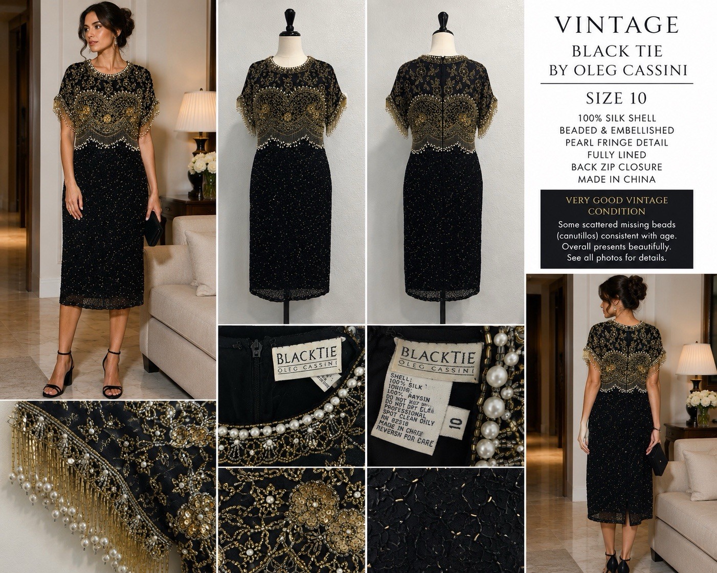 VTG Oleg Cassini Black Tie 100%Silk Beaded Cocktail Dress 10 Pearl Fringe Gatsby