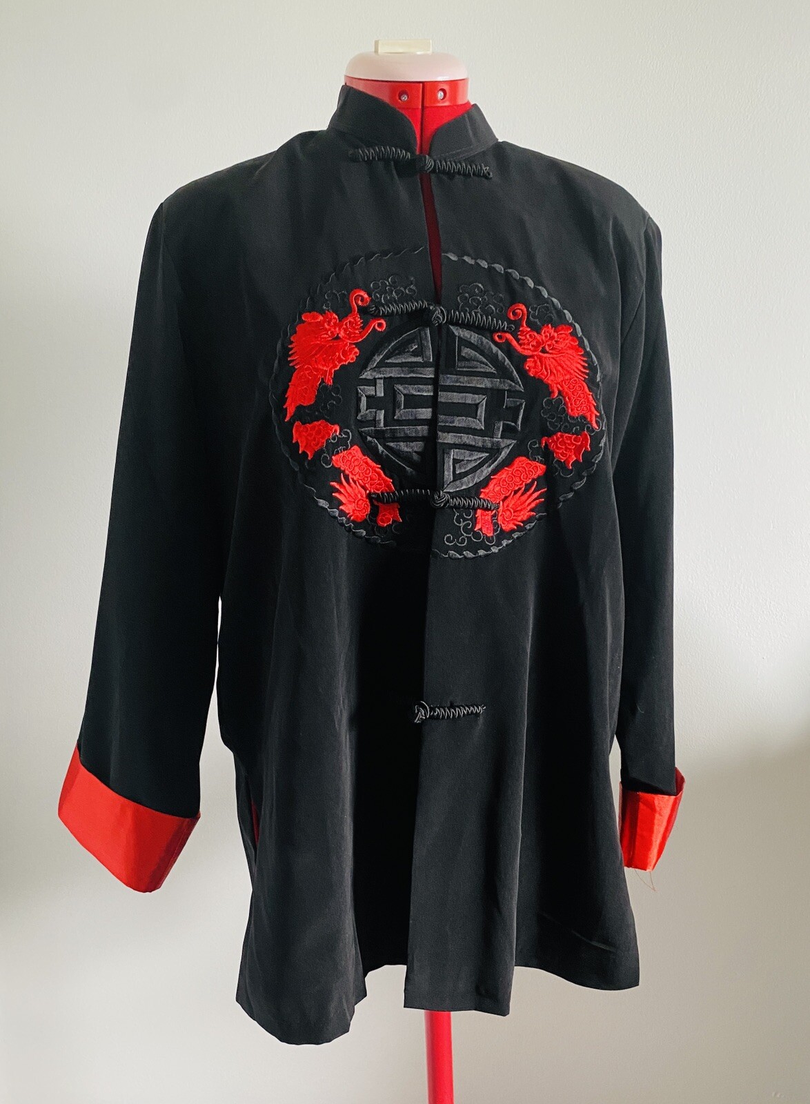 Vintage Black & Red Dragon Silk Kimono Style Long Sleeve Top L Vietnam Minh Than
