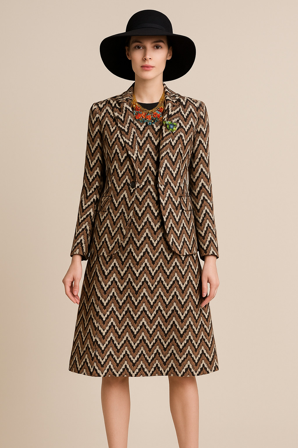 Vtg 50s 60s STEGARI Jacket Dress Bullocks Wishire Op Art CHEVRON Zig Zag 2 Piece