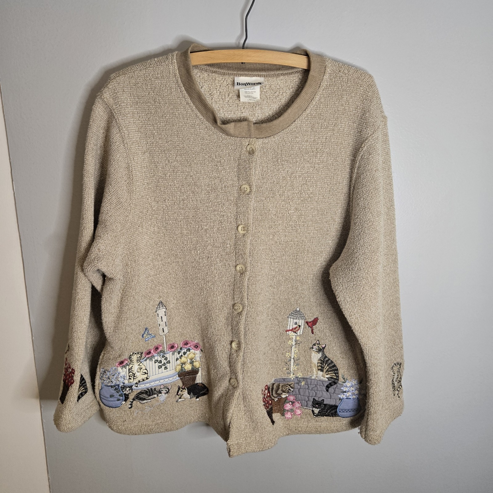 BonWorth Cardigan Sweater Sz L/P Womens Cat Birds Stitched Grandmacore Vtg Beige