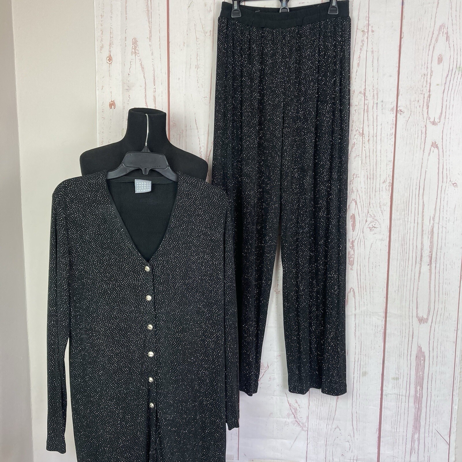 Vintage Rabbit Designs Size 14 Black Wide Leg Pants & Tunic Top Set Slinky USA