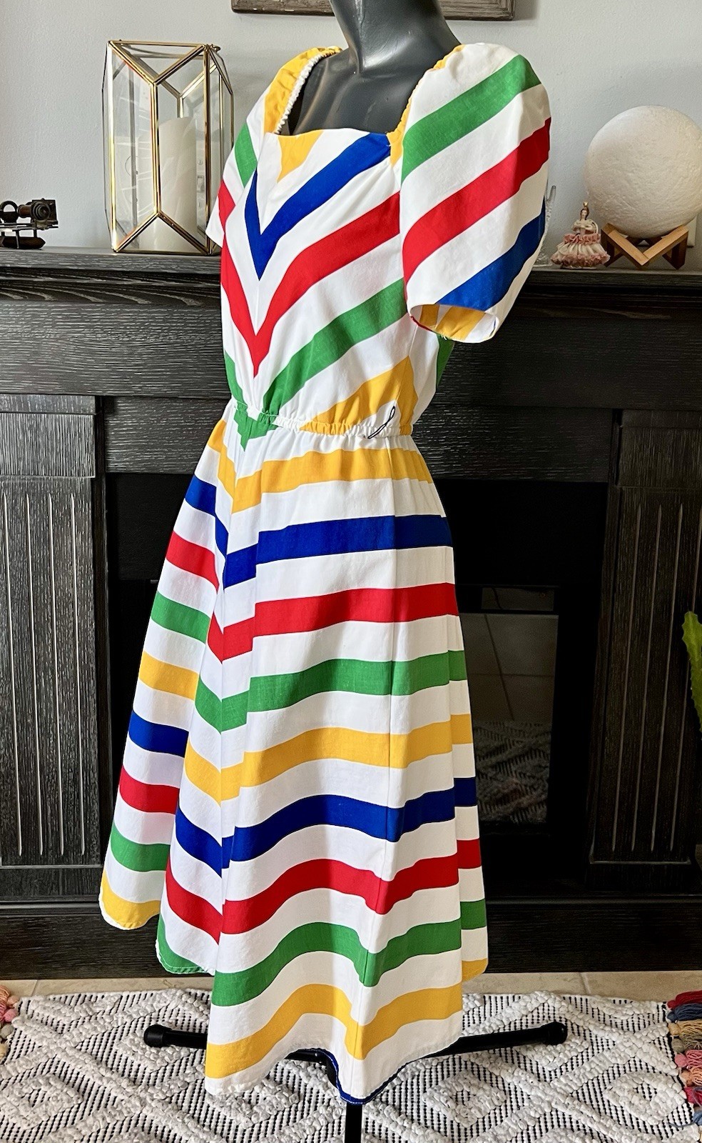 Vintage 80s Raul Blanco Rainbow Striped Chevron Dress M