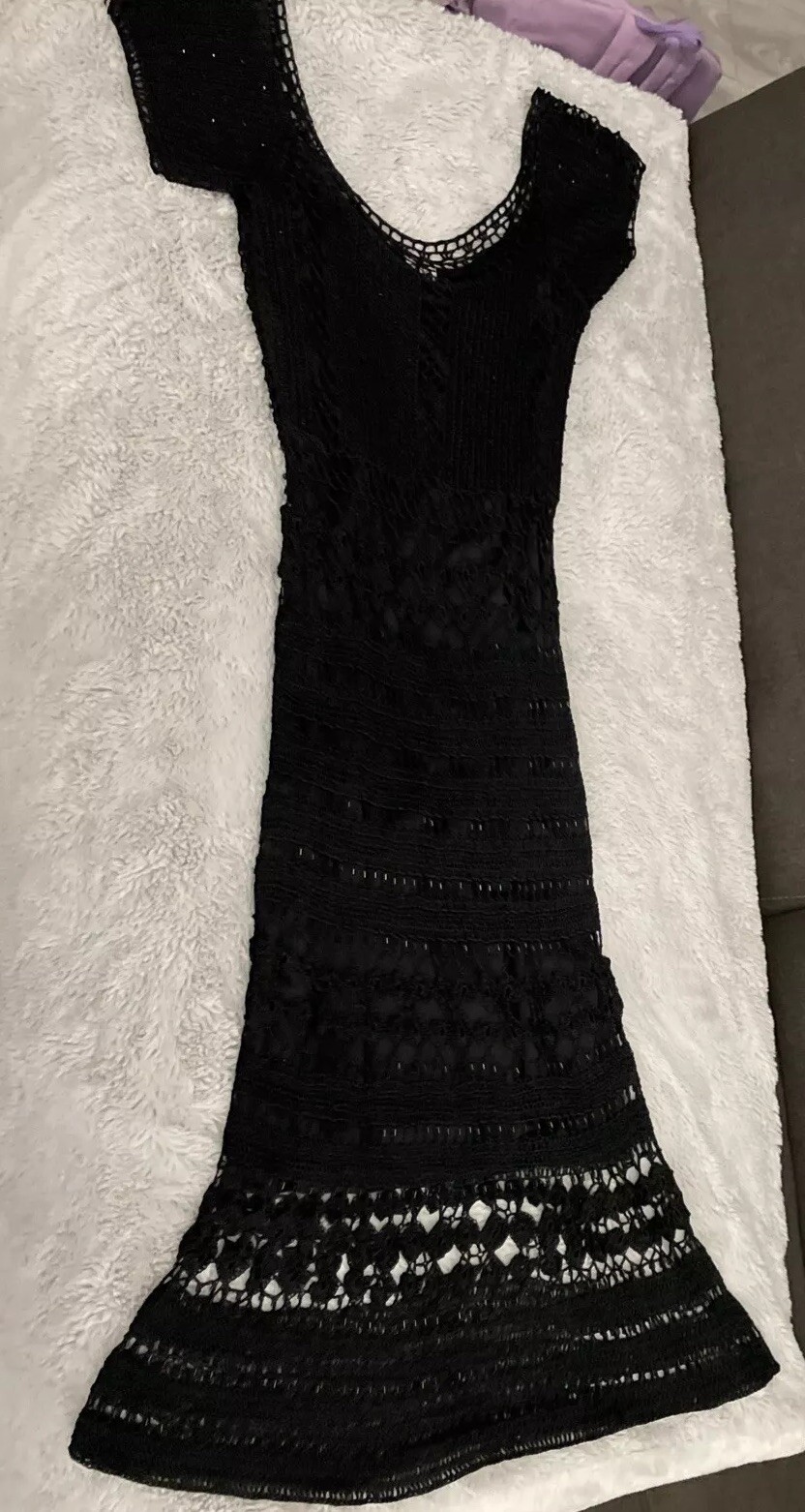 Gorgeous Vintage CACHÉ Black Beaded Crochet Knit Midi Dress XS/S/M