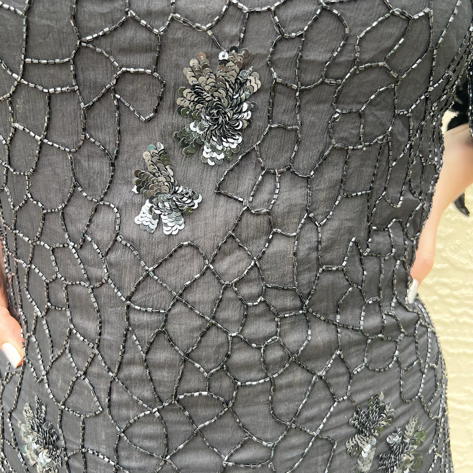 Vintage Frank Usher Black Silk Beaded & Sequin Dress Hand Woven M. Whimsigoth
