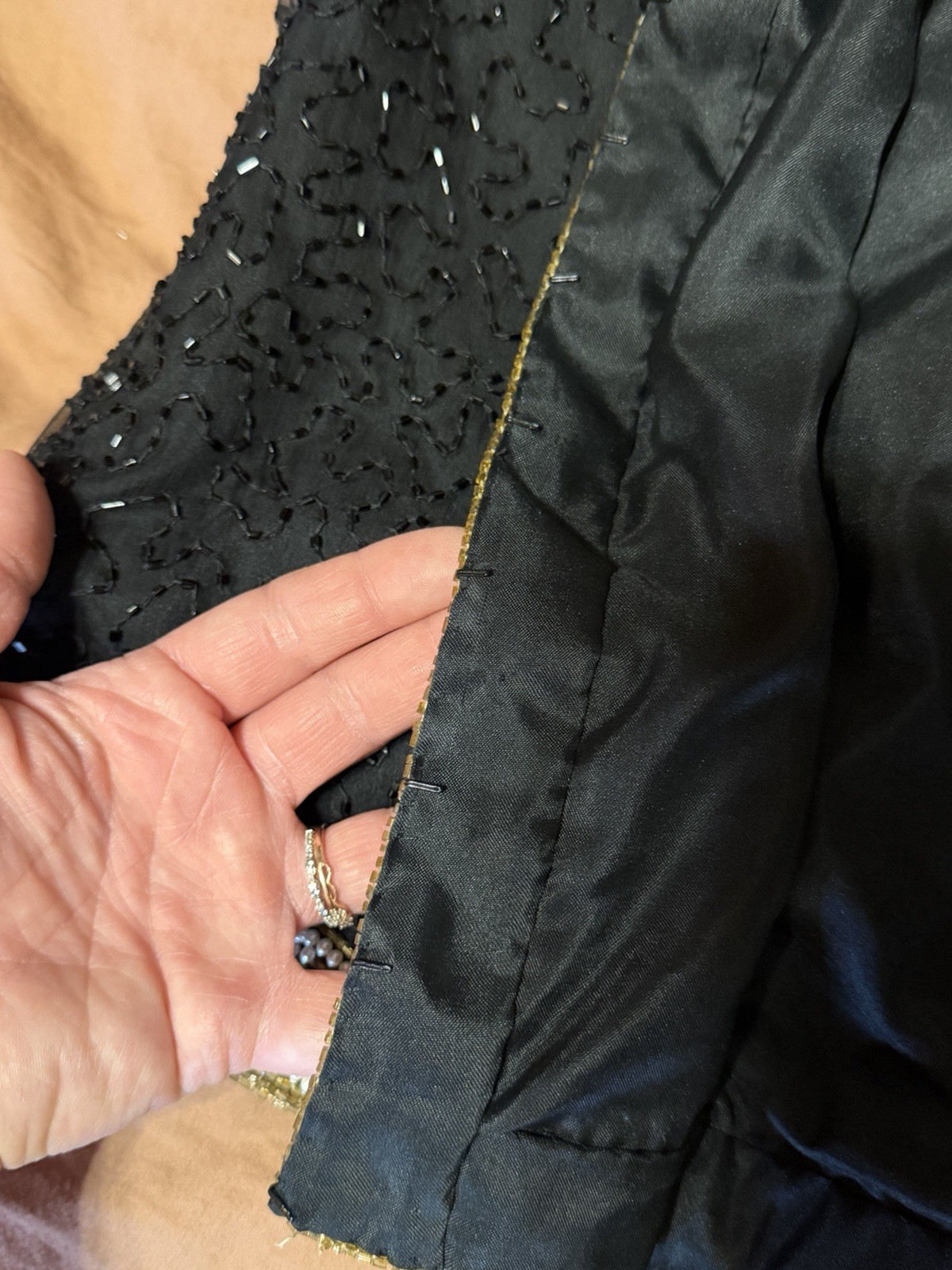Vintage 80s Silk Beaded Jacket Black Gold Size PM