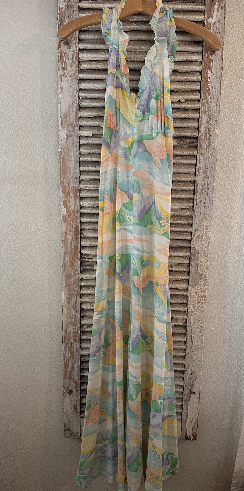 B7 Vintage Handmade Colorful Print Halter Dress Size XS/S – See Description!