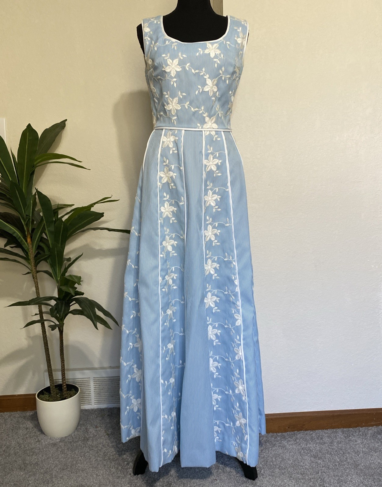 Alfred Werber VTG 60s Formal Maxi Dress 4 Blue Stripe Floral Embroidered Wedding