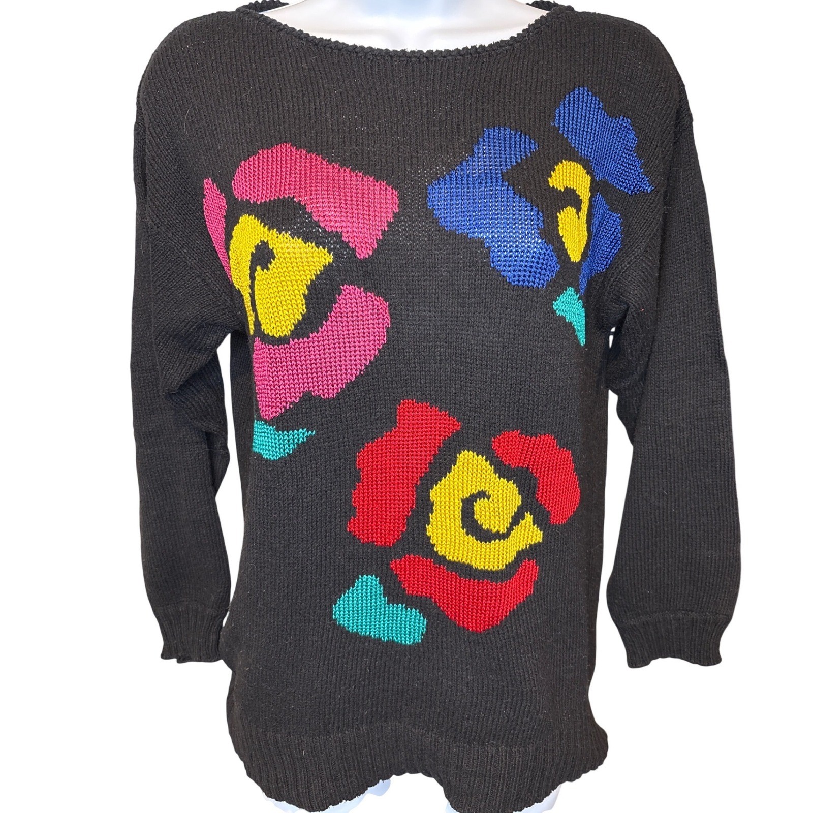 Vintage 80s Lloyd Williams Womens Black Silk Blend Floral Sweater M Unique Bold