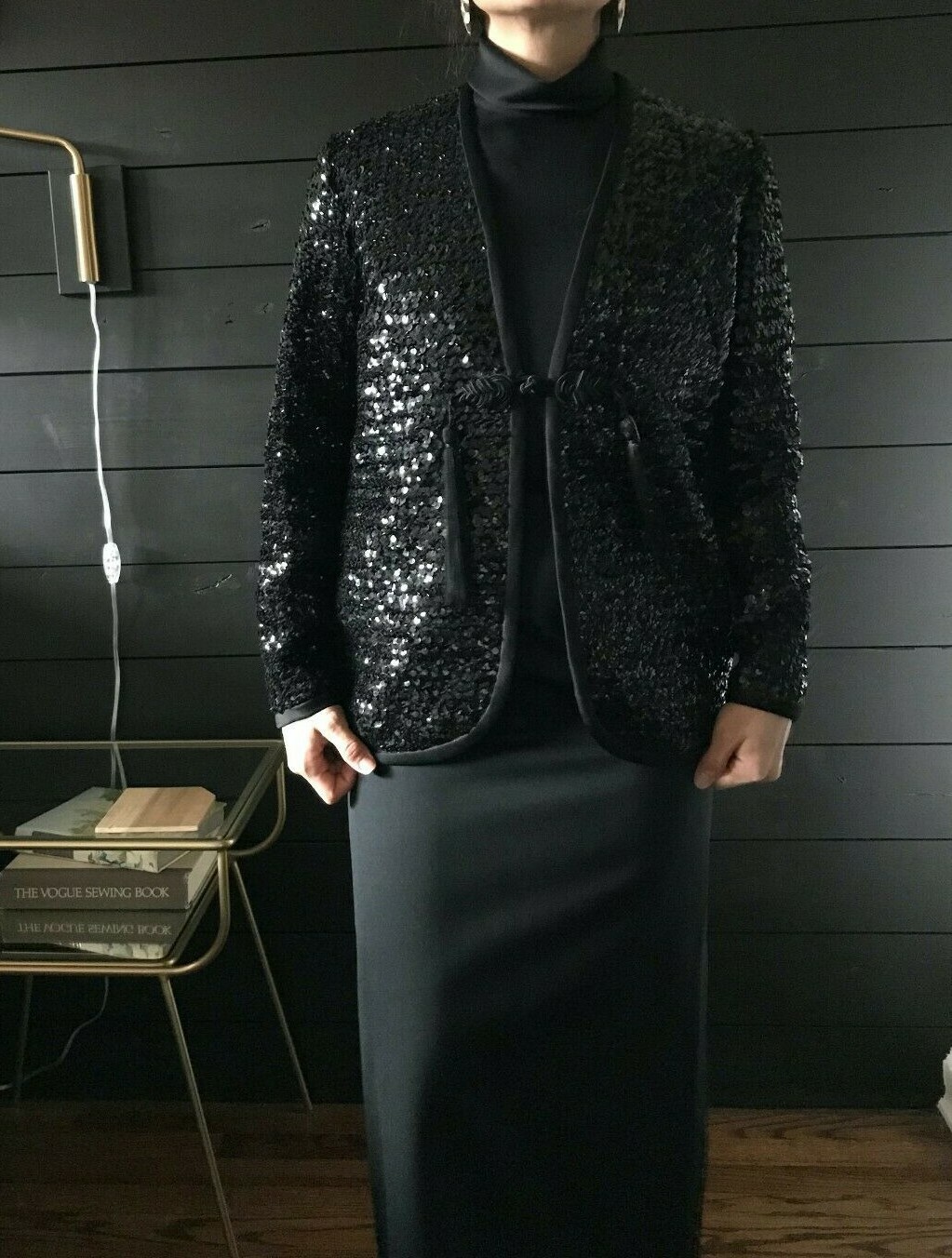 Vintage 1960s Black Sequin Jacket and Maxi Dress Set XS Evening Glam