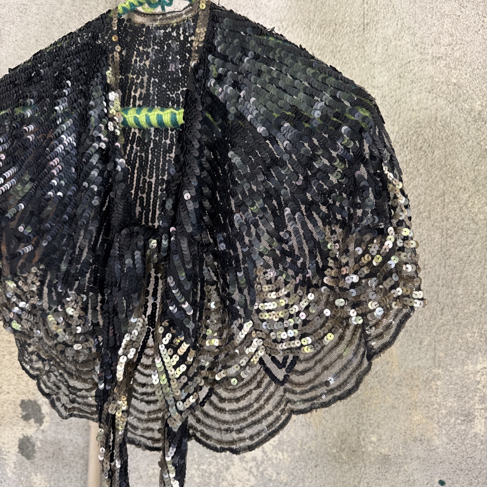 Vintage 1930s Black & Silver Sequin On Net Scalloped Cape Art Deco Dress Top