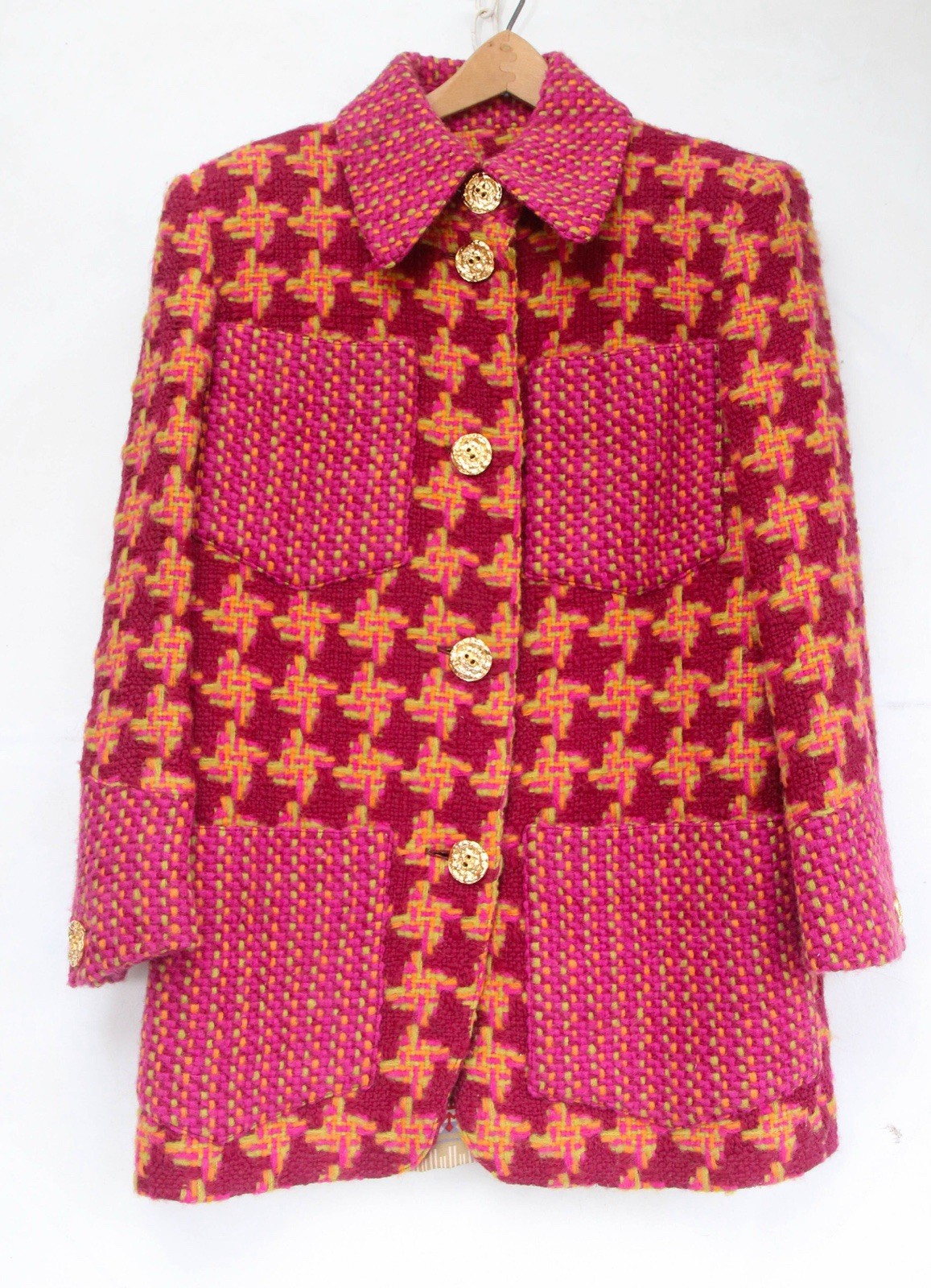 VTG 80’s CHRISTIAN LACROIX Red Tweed Gold Button Wool Blend Blazer Jacket Size 6