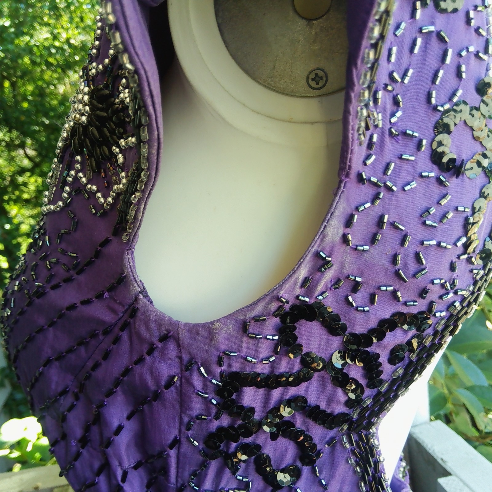 Vintage 80s Sequin Beaded Silk Purple Evening Dress Gown