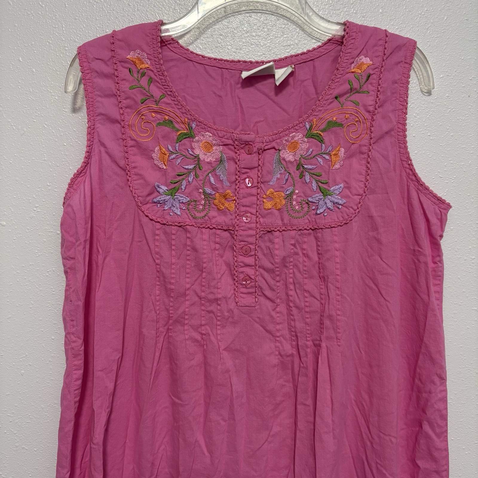 Vintage Style Cottagecore Fuchsia Pink Embroidered Sleep Night Dress 100% Cotton