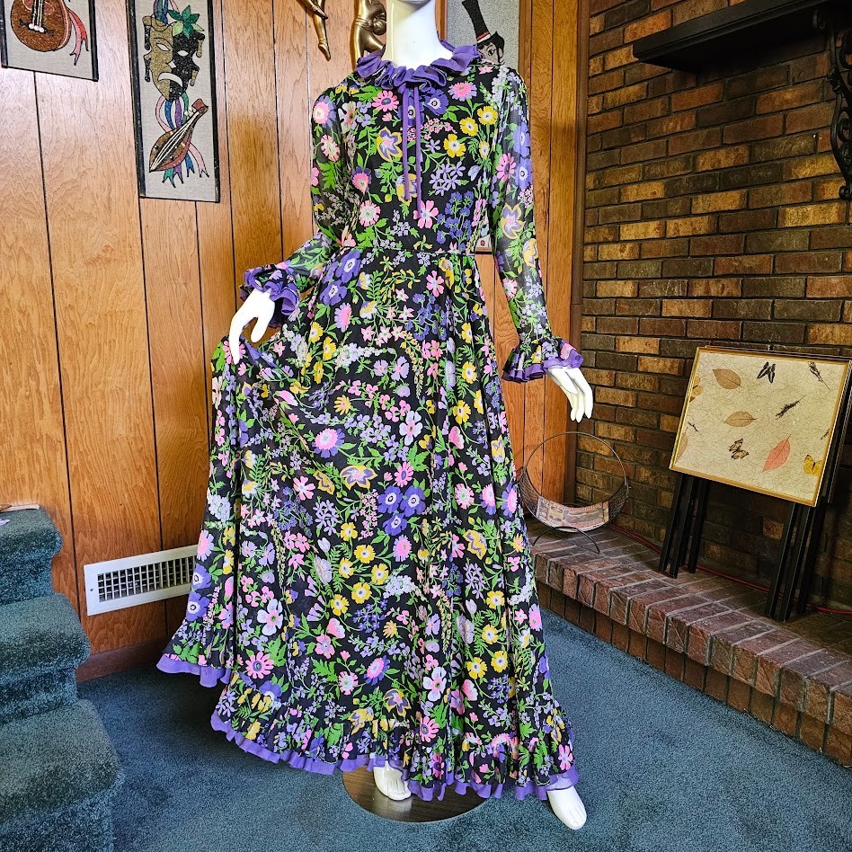 Vtg 70s Mod Hippie Pop Wildflower Ruffled Voile Trumpet Prom Maxi Party Dress S