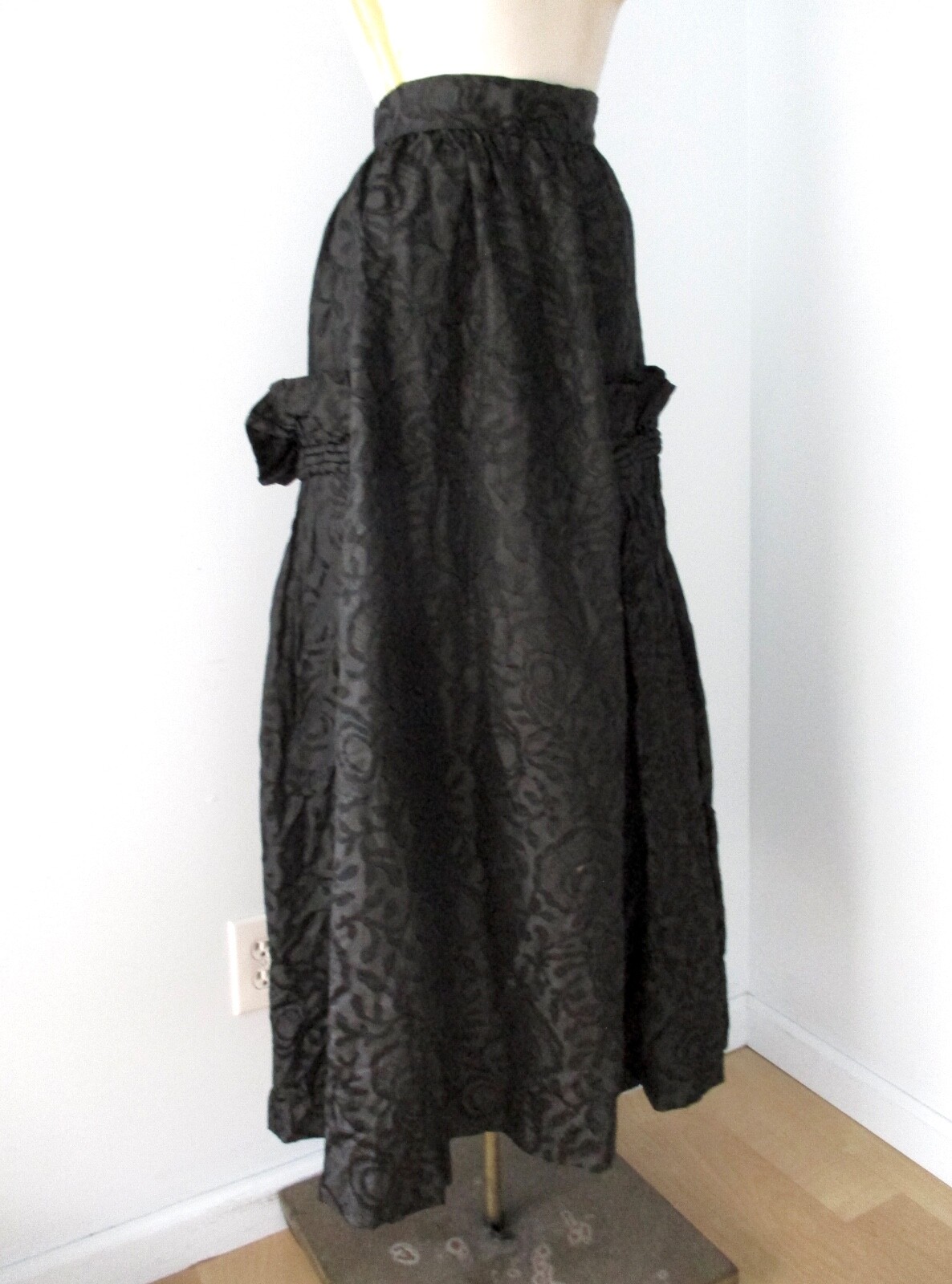 Antique Victorian black patterned taffeta long skirt ruffle embellishments 30 in