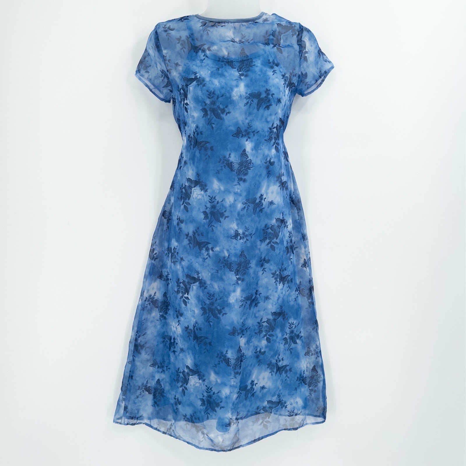 Y2K Vintage Butterfly Mesh Midi Dress Women Size 12 Blue Sheer Fairycore Set