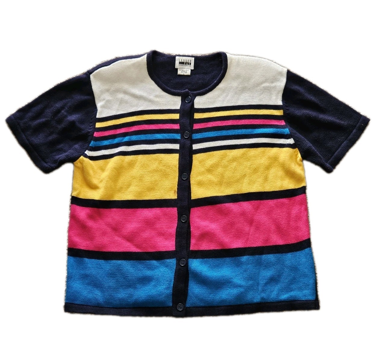 Leslie Fay Women&rsquo;s Vintage Colorblock Cardigan Sweater Neon Retro Chic Sz. Large