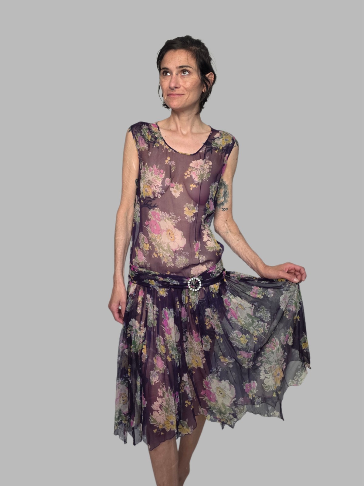 Authentic 1920s Floral Chiffon Dress & Jacket Set | Antique Flapper Ensemble…