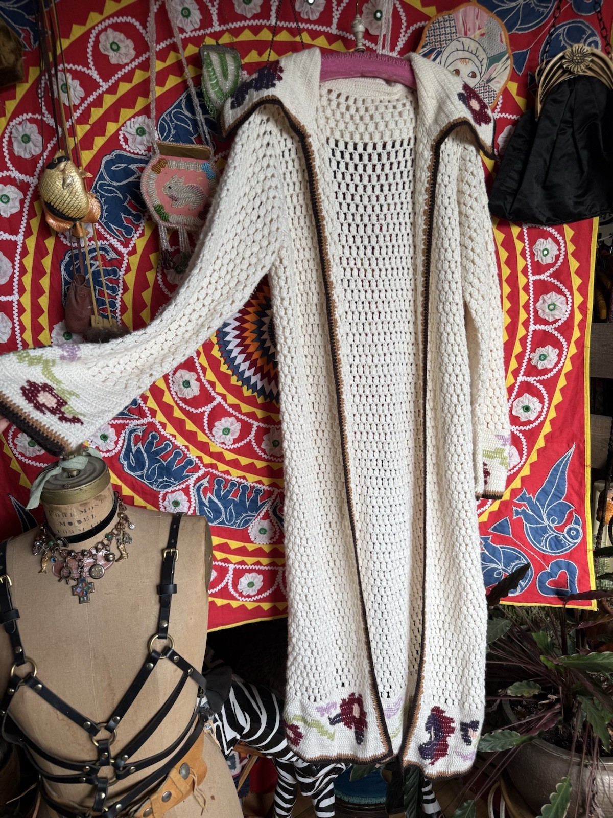 Vintage 1970s Hand Crochet Floral Maxi Duster Sweater Coat