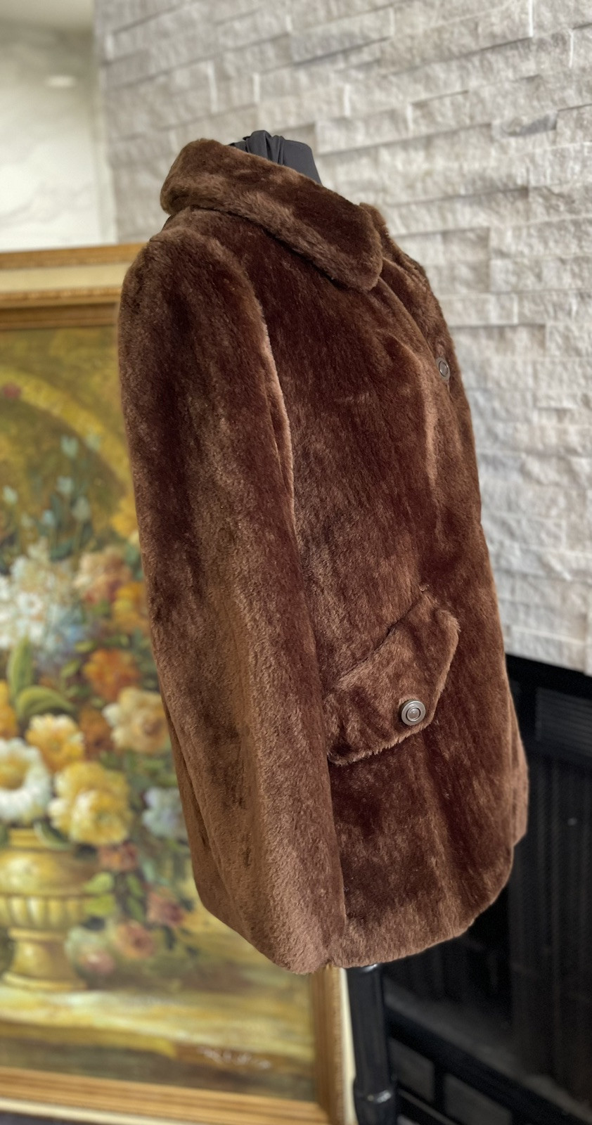 70s Sears Fashions Teddy Bear Double Breasted Coat Faux Fur Sherpa Brown