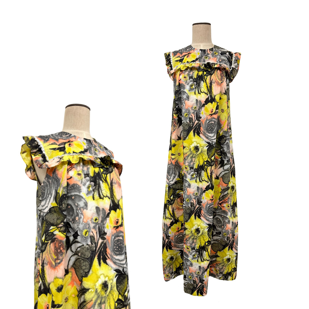 Vintage 1960s Liberty House Yellow & Gray Hawaiian Floral Sleeveless Ruffle Mumu