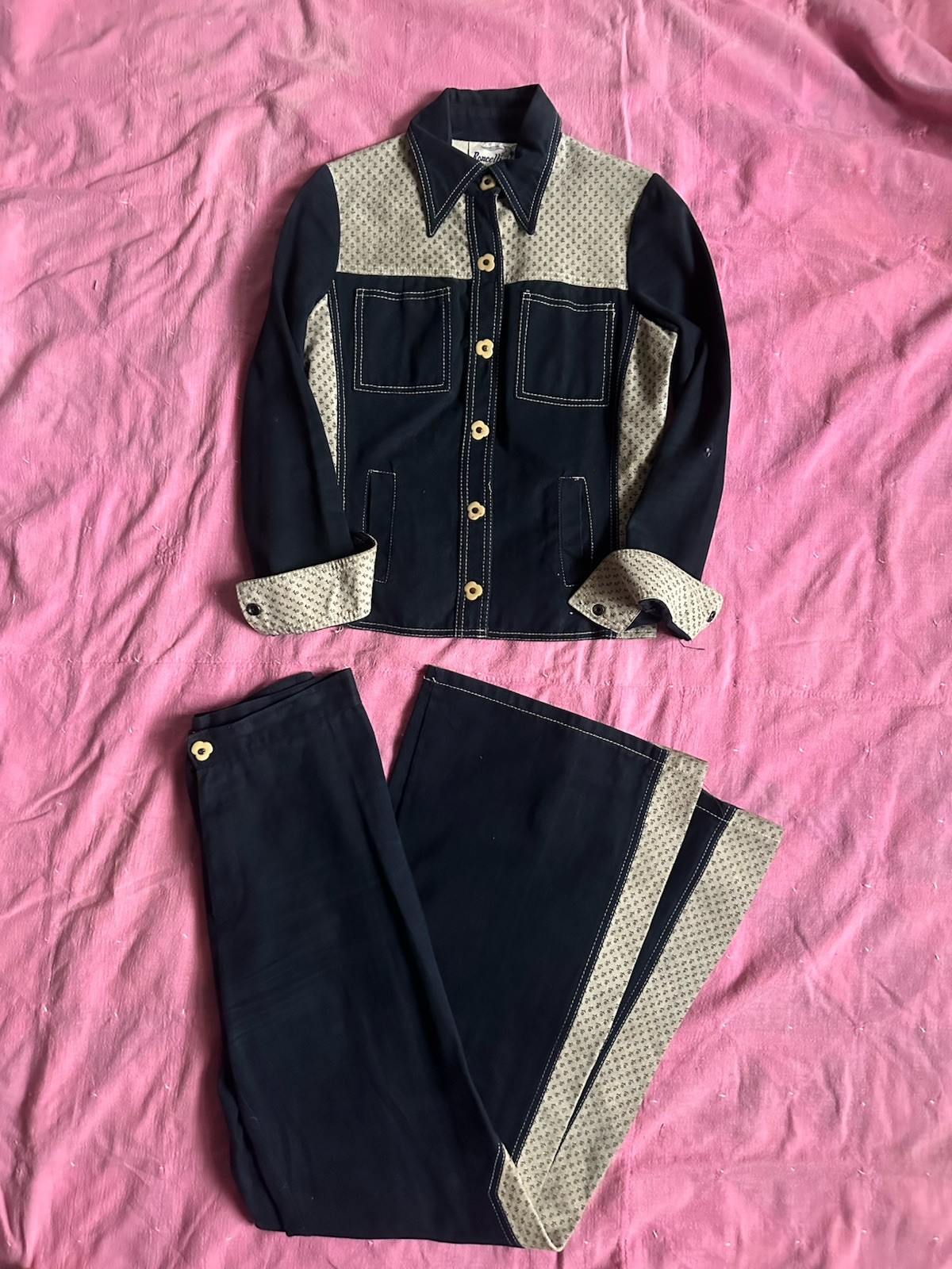 1970s Roncelli 2 Piece set Moleskin and Embossed Suede Floral Navy and Tan Disco