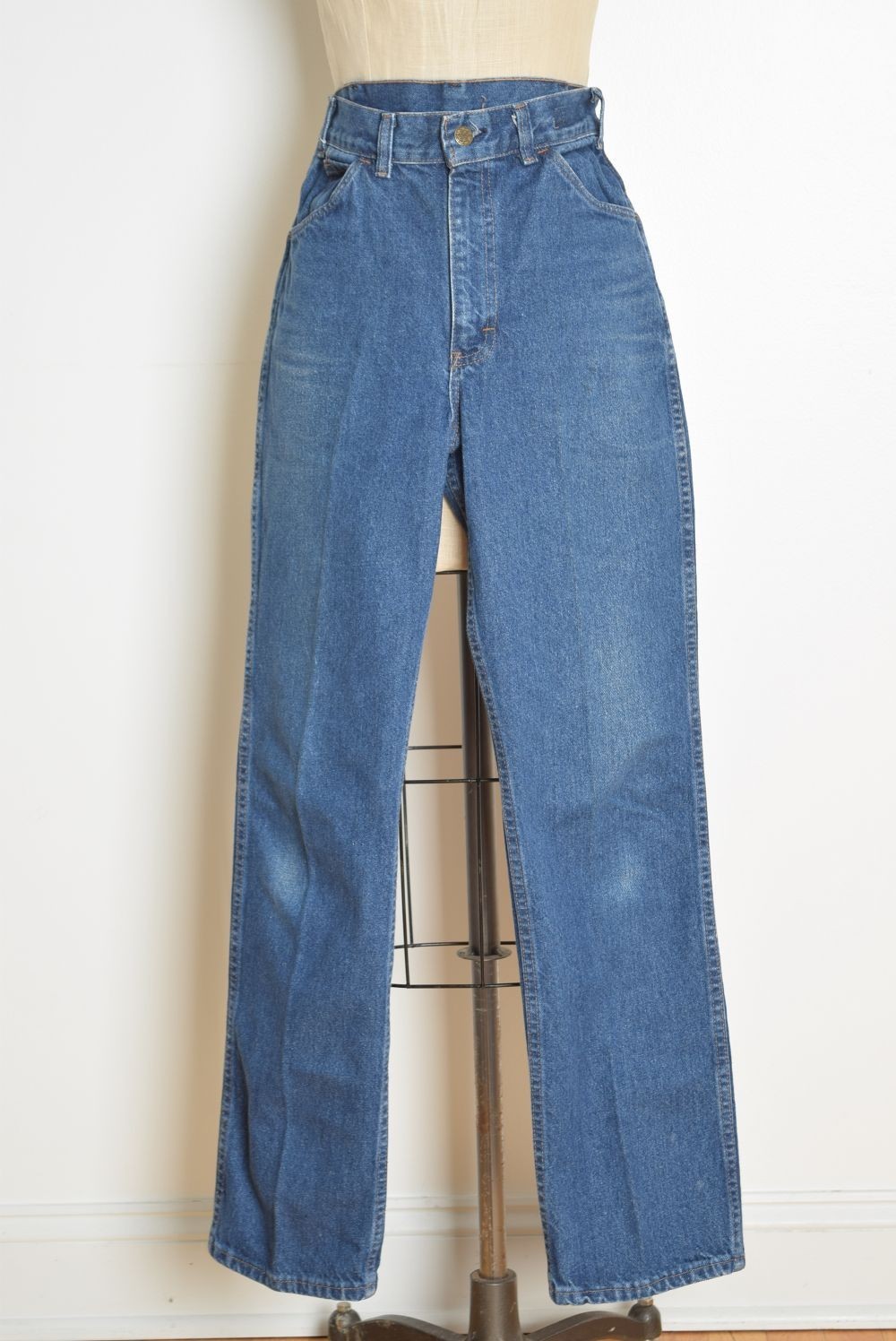 vintage 70s blue jeans denim high waist rise straight leg Saddle King 29.5×30 M