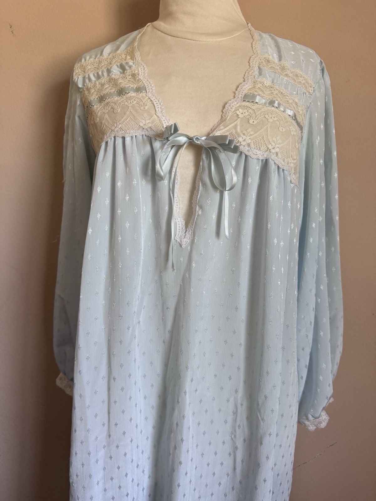 Vtg Christian Dior Lingerie Nightgown 70s 80s Blue Romantic Lace