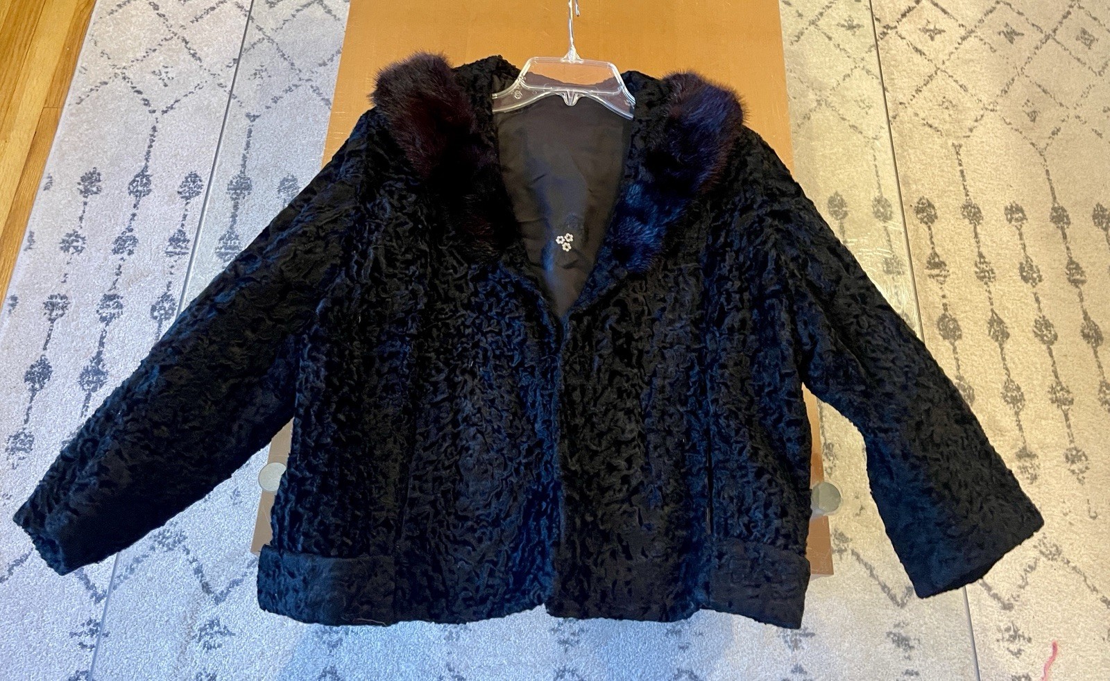 Black Persian Curly Lamb Wool Coat w Fur Collar Vintage Lined – Unsized No Tags