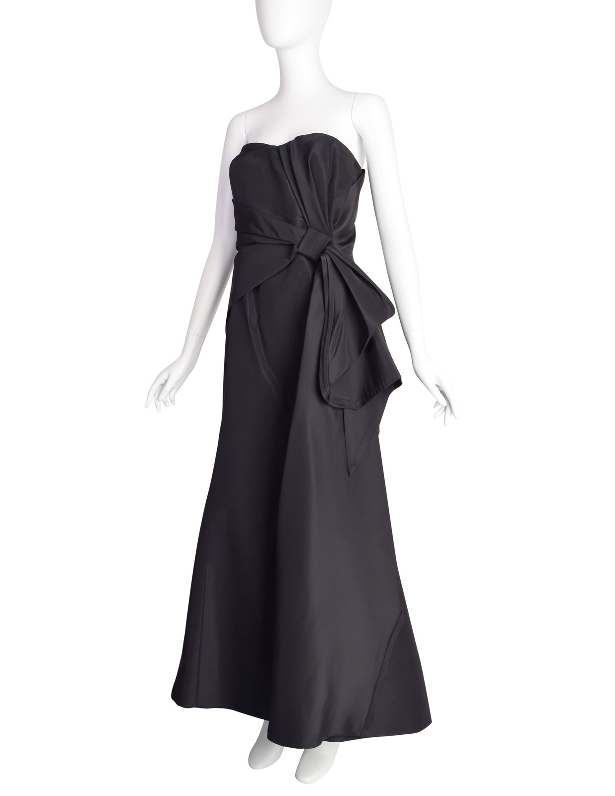 Carolina Herrera Vintage Black Silk Faille Gathered Knot Evening Gown