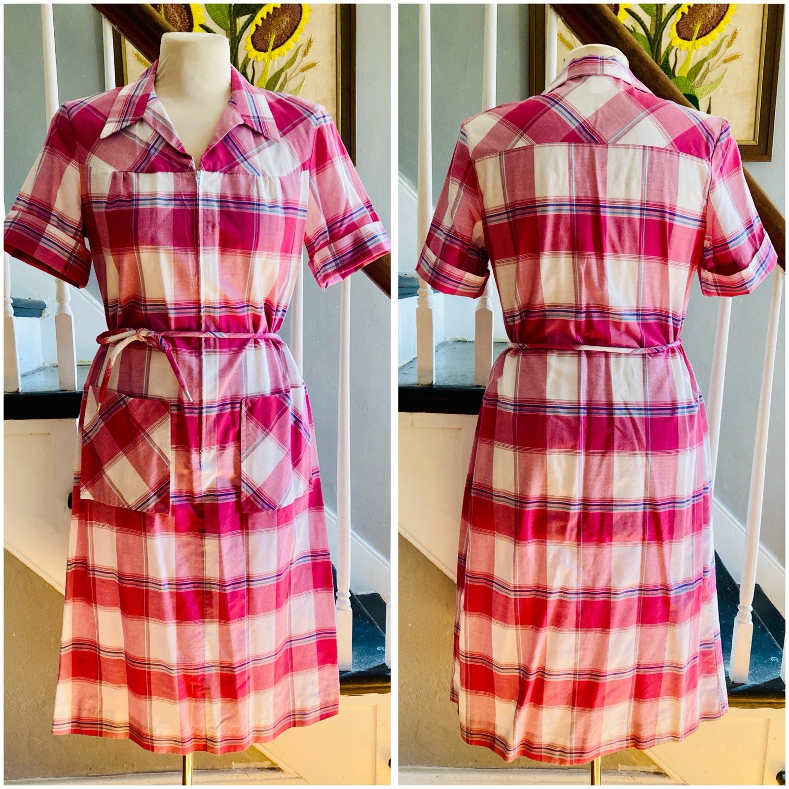 1970s Casual Day Dress House Dress Burgundy Plaid Western Butterfly Collar Mod