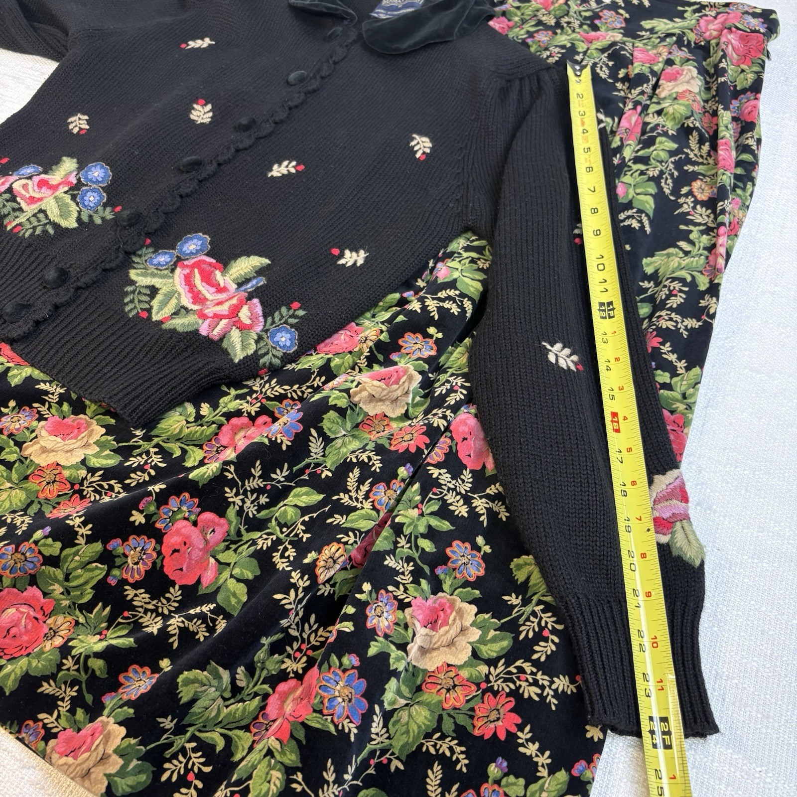 Vintage Herman Geist Hand Embroidered Cardigan & Velveteen Floral Skirt Set M