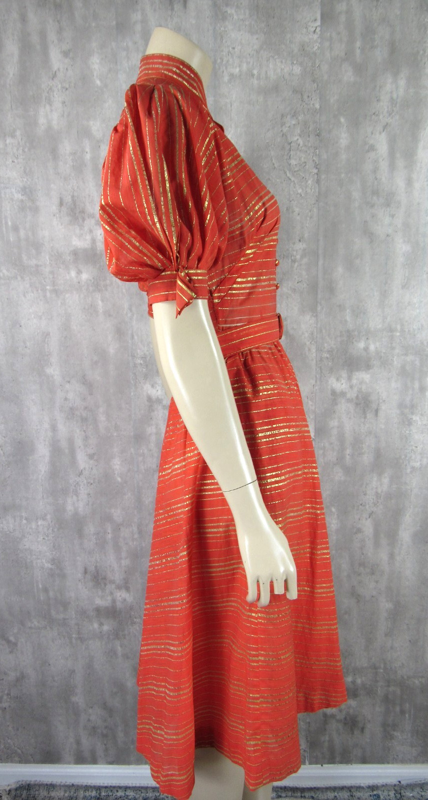 Vintage 50s Prestige Junior Orange Gold Metallic Stripe Lurex Belted Dress XS/S