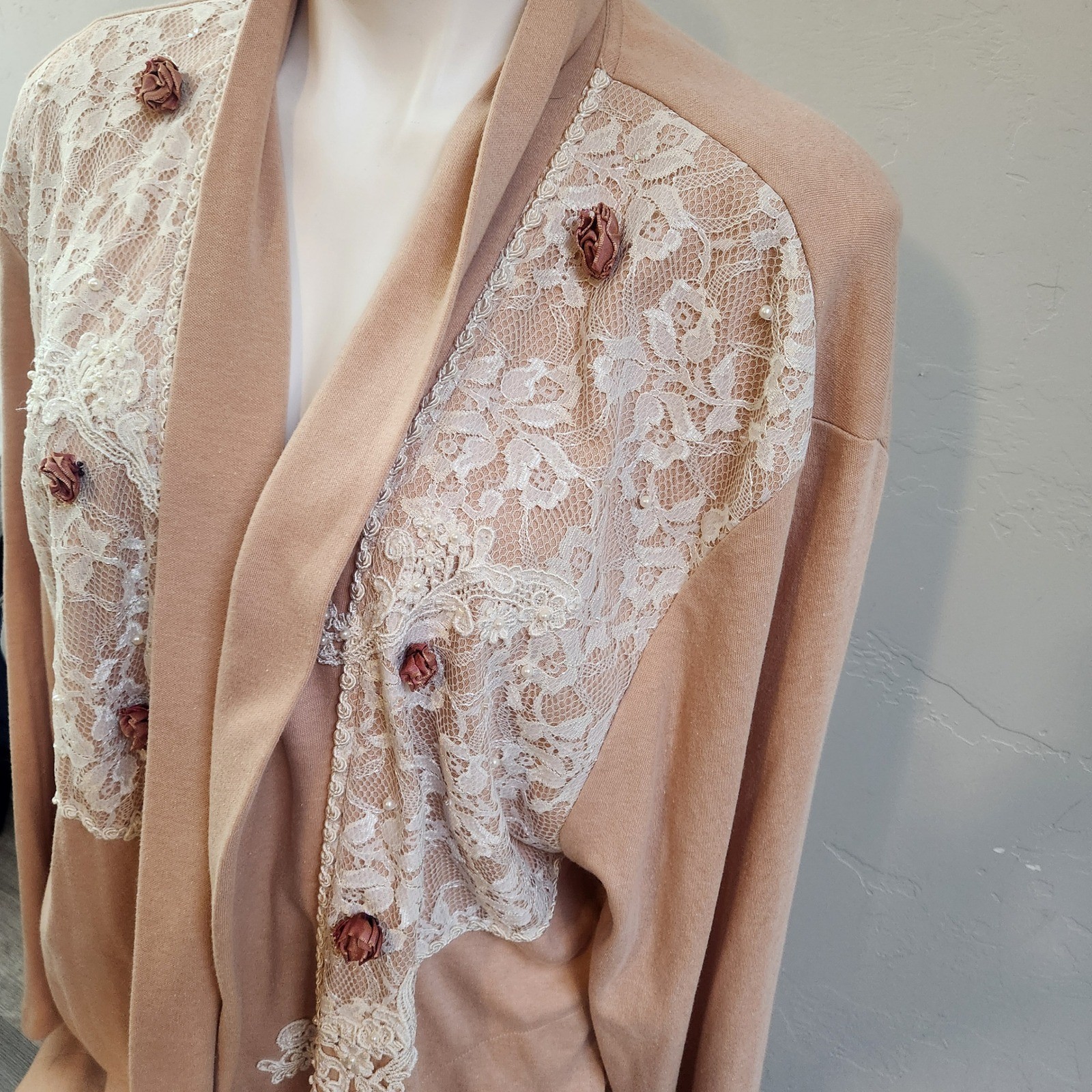 Vintage Lacy Afternoon Shell Kepler Lace Rosette Cardigan Peach Plus Size 1X