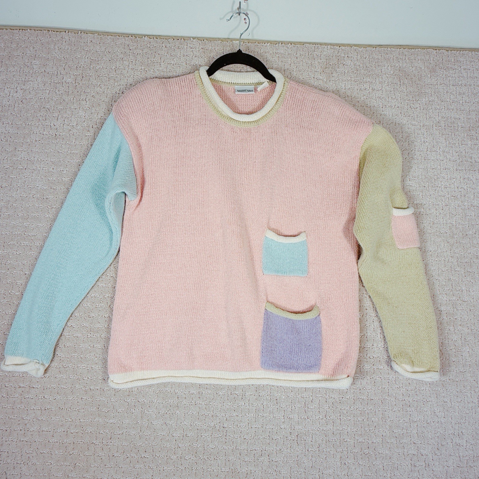 Vintage Newport News Color-Block Pastel Sweater Women’s Medium 80’s Pockets Knit