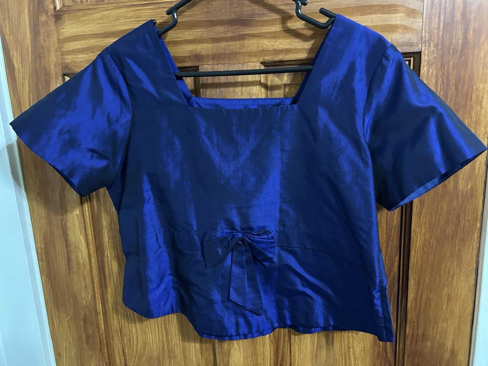 Vintage 60s Handmade Medium Blue Silk Taffeta Blouse Regency Glamour