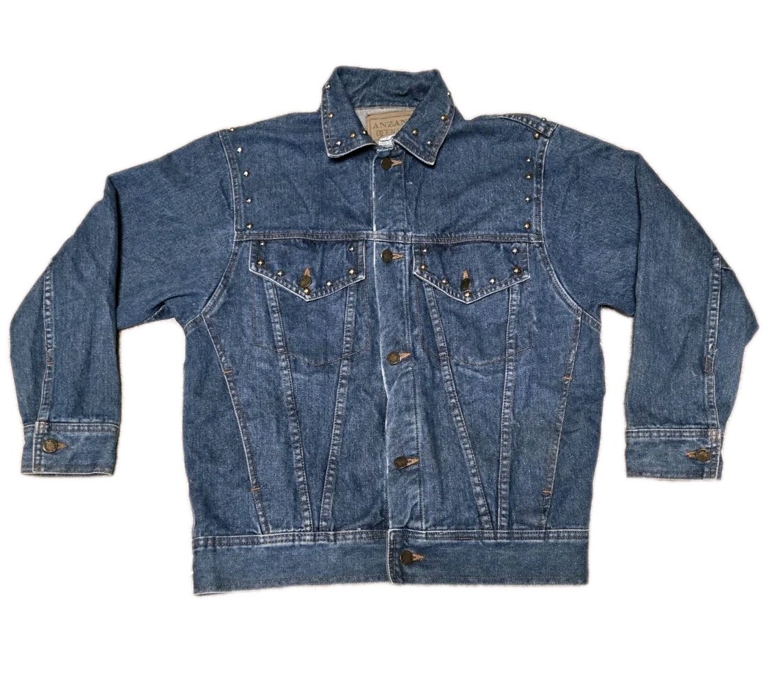 Vtg Denim Trucker Jacket Hand Painted PARTY ANIMAL Rat Studded ANZANI Sz S RARE!