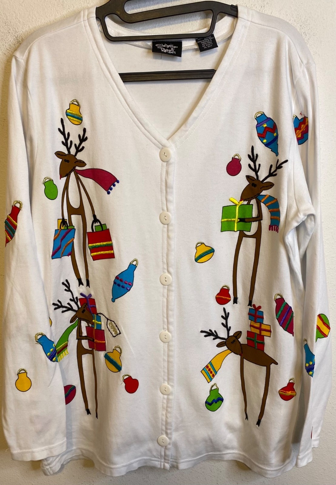 Vintage Christina Rotelli Long Sleeve Shirt Button Reindeer Christmas Embroidery
