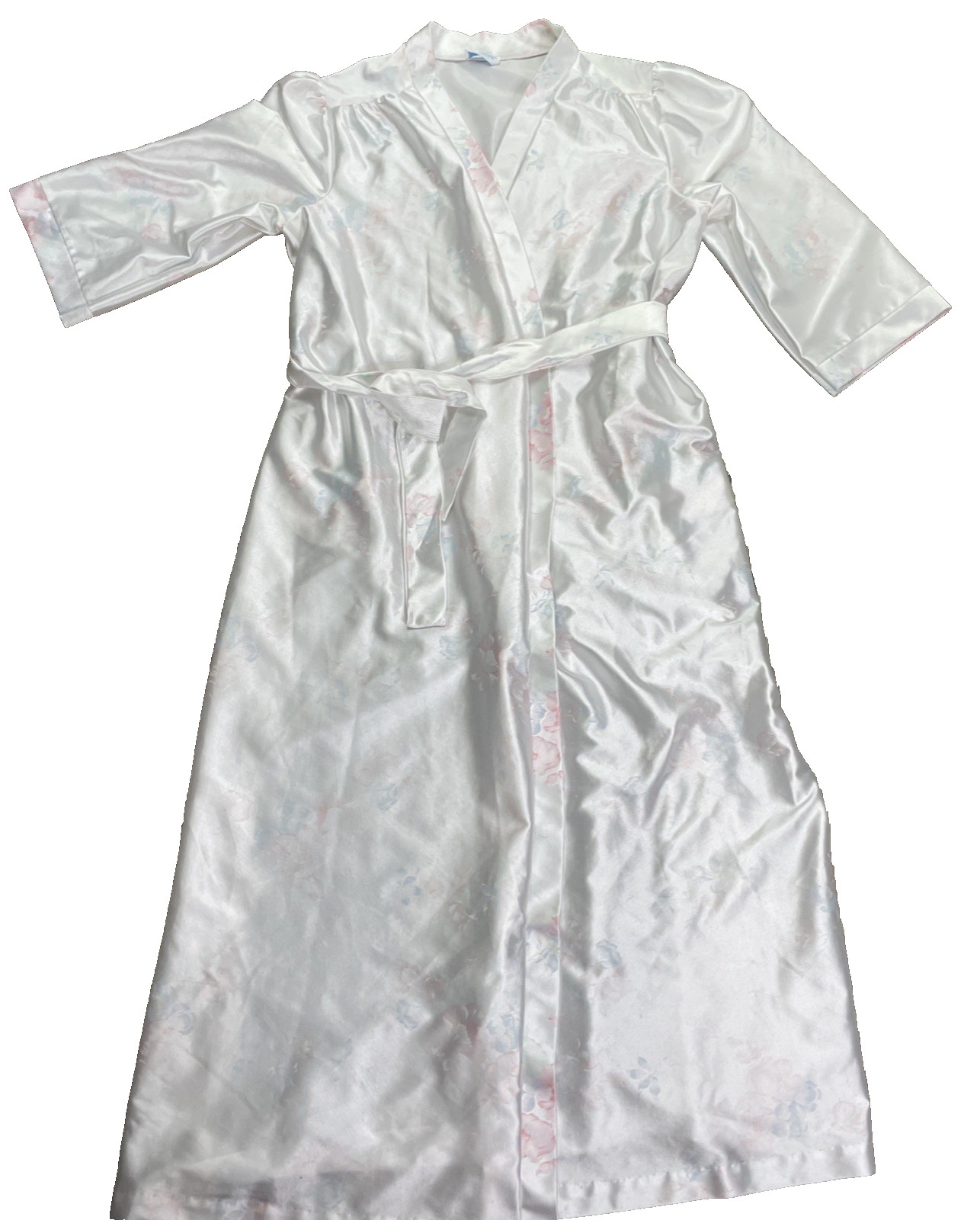 Vtg Lorraine White Satin Belted Long Robe Women&rsquo;s L Floral Print