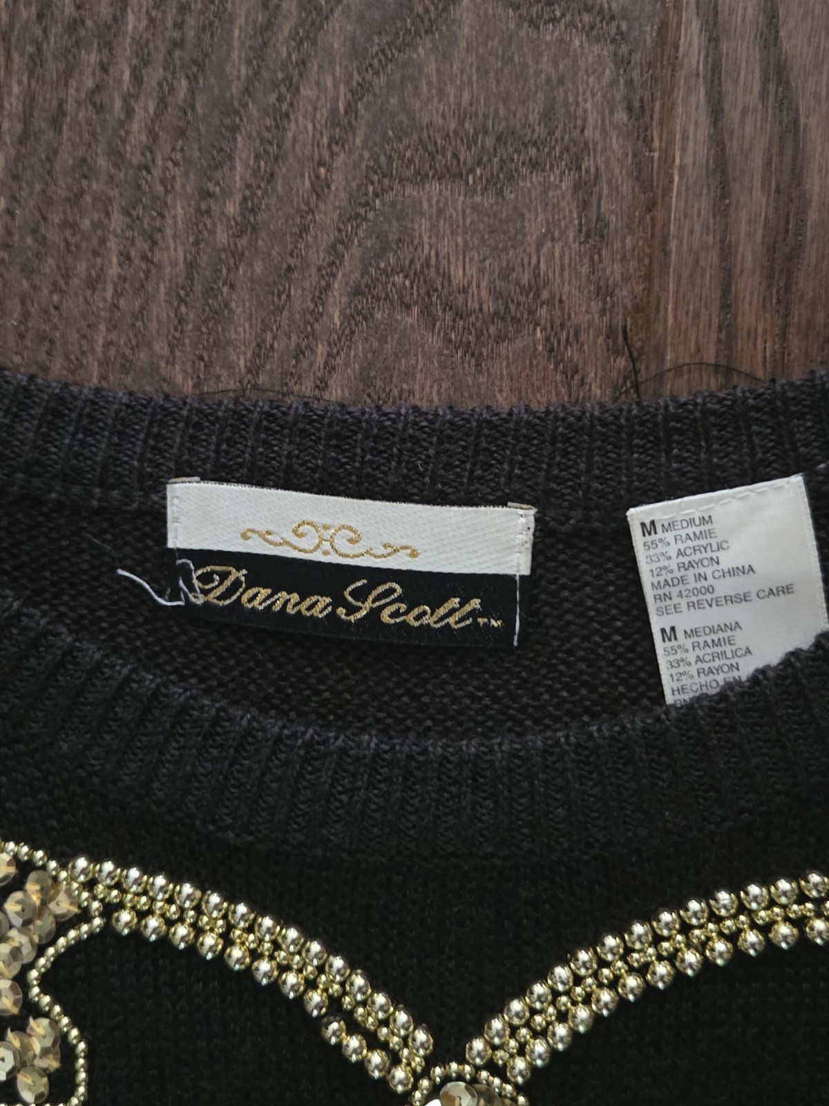 🍾Vintage Dana Scott Black Gold Sequin Beaded Sweater Medium Ramie Glam Holiday