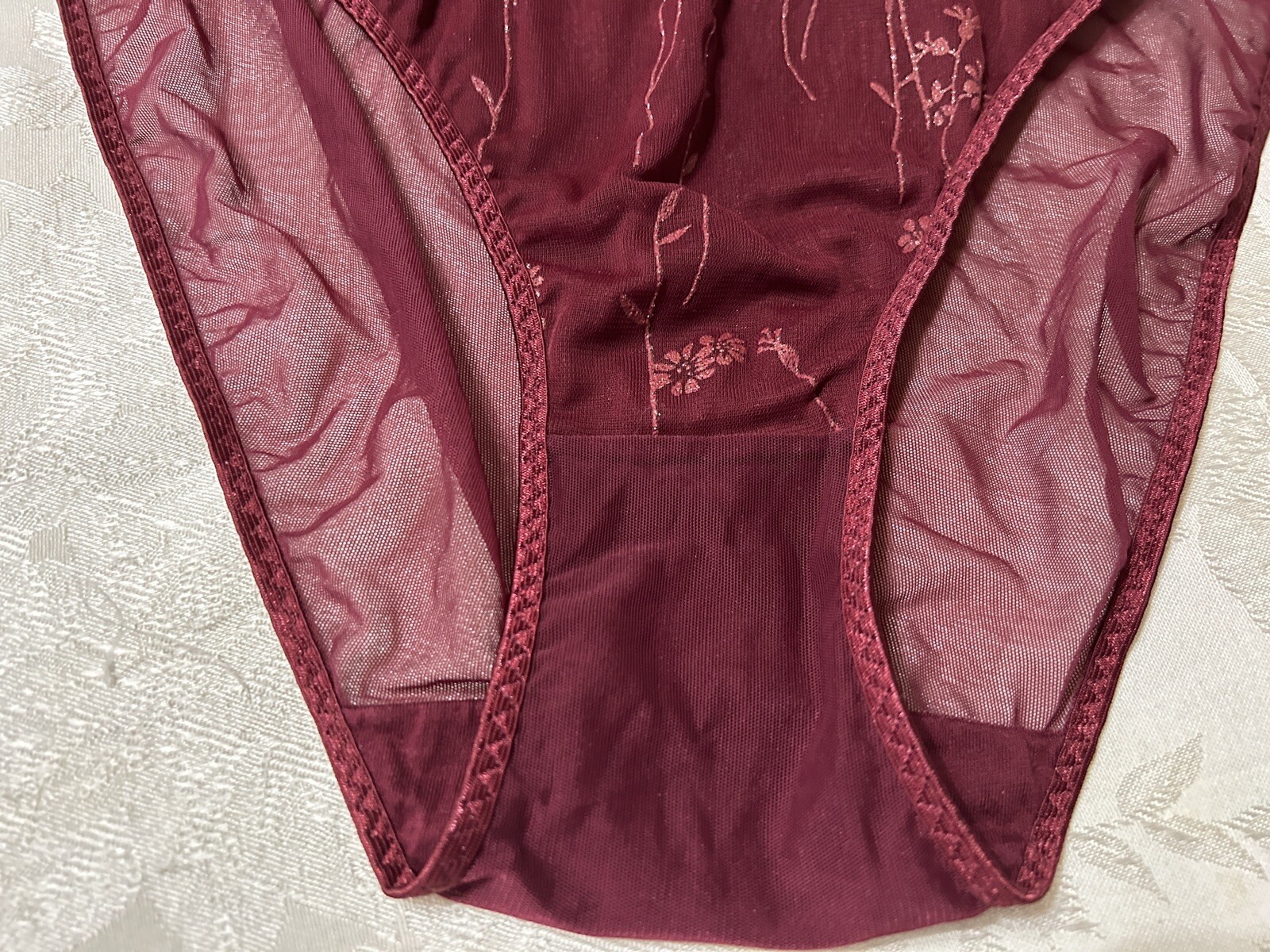 Vtg Unbranded Embellished Satin Lined Front Sheer Mesh Back Hi-Leg 9 Panties