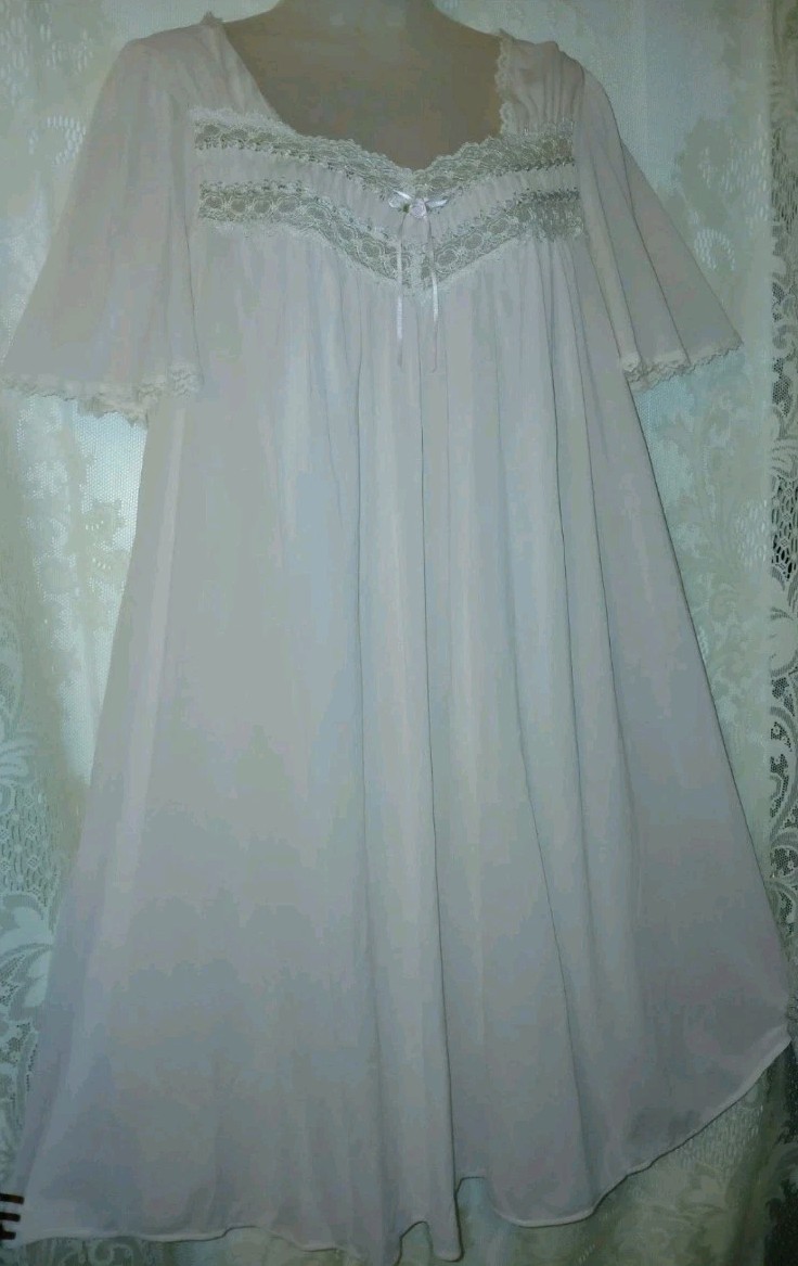 Vintage Miss Elaine Pink Soft Sheer Nylon Floral Lace Babydoll Nightgown M EUC